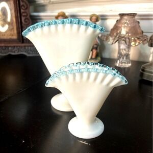 Fenton Aqua Crest Fan Vases Set of 2 - 4.5" & 7.75" Vintage Glass EUC